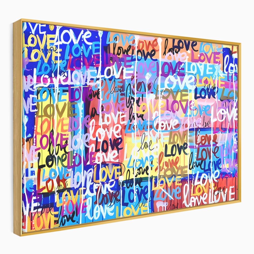 Tablou canvas cu tablou canvas cu graffiti colorat si cuvantul love, in rama de aluminiu auriu